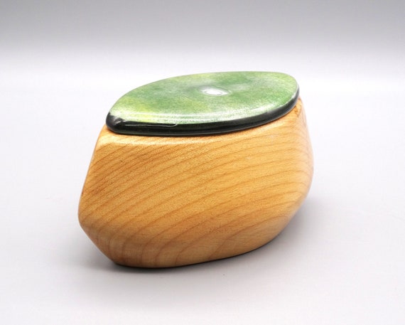 Hand Carved Wooden Box with Green Enamel Lid, Vin… - image 2