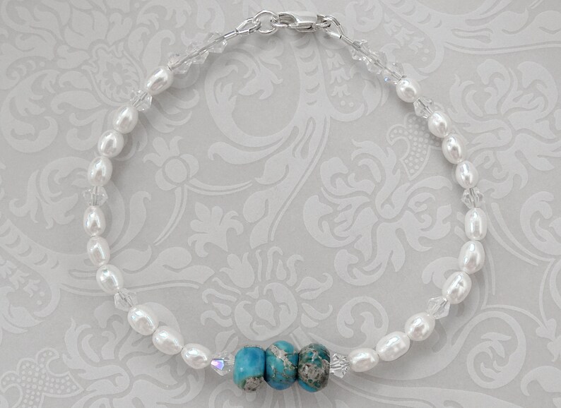 Blue Ocean Jasper Pearl Bridal Bracelet Pearl Bracelet Bridal Bracelet Beach Wedding Jewelry Jasper Jewelry Birthstone Jewelry Gift For Her