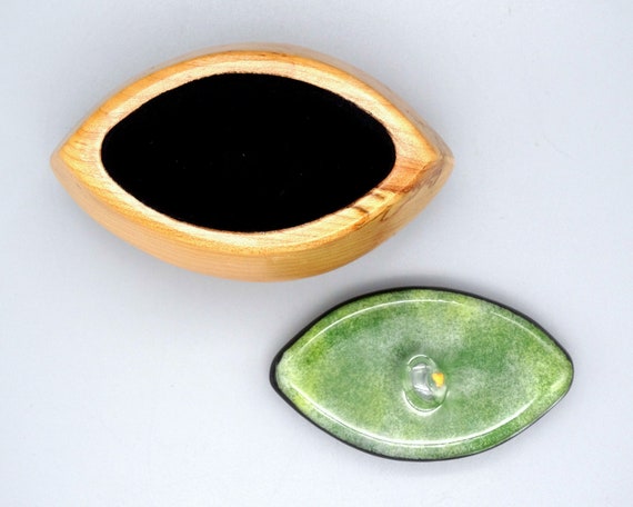 Hand Carved Wooden Box with Green Enamel Lid, Vin… - image 7