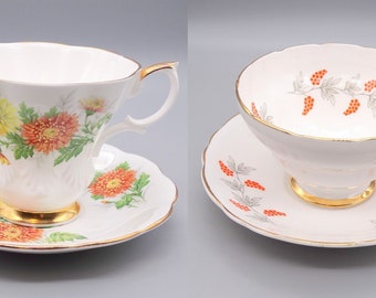 Floral English Bone China Teacup & Saucer Sets, Mixed Floral English Teacups and Saucers, Vintage English Floral Teacup and Saucer Sets