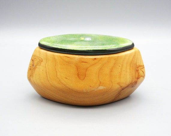 Hand Carved Wooden Box with Green Enamel Lid, Vin… - image 5