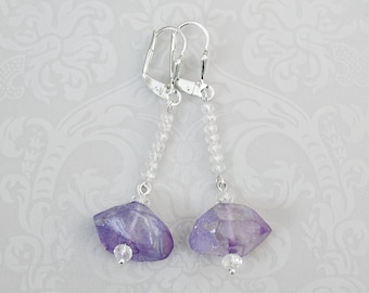 Purple Quartz and Crystal Earrings, Raw Quartz and Crystal Earrings,  Purple Gemstone Earrings