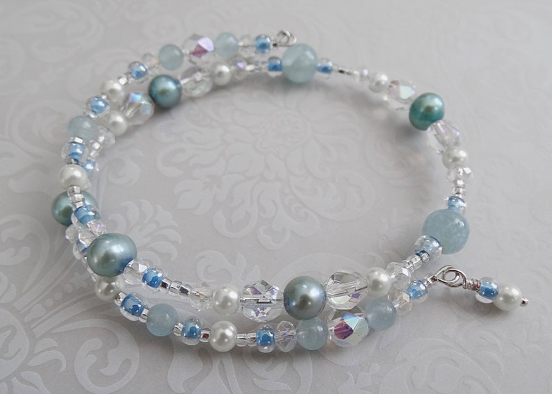 Aquamarine Pearl Crystal Bracelet Aquamarine Jewelry Stack Bracelet Pearl Jewelry Crystal Bracelet Blue Bracelet Jewelry Gift Beaded Jewelry - 