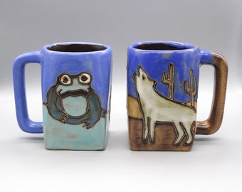Coyote & Frog Stoneware Coffee Mug Set, Mara Studio Art Pottery Animal Mug Set, Frog and Coyote Signed Mexican Stoneware Mug Set