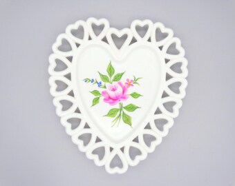 White Milk Glass Hearts & Pink Rose Trinket Dish, Vintage Westmoreland Milk Glass Floral Trinket Dish, White Glass Farmhouse Decor