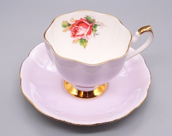 Queen Anne English Bone China Lavender Teacup & Saucer Set, Vintage Pink Rose English Teacup, Pink Floral Queen Anne Teacup and Saucer Set