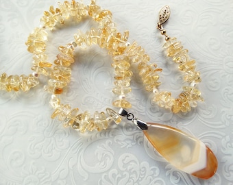 Citrine Nugget & White Pearl Necklace, Yellow Banded Agate Pendant and Citrine Necklace, Citrine Gemstone Pendant Necklace