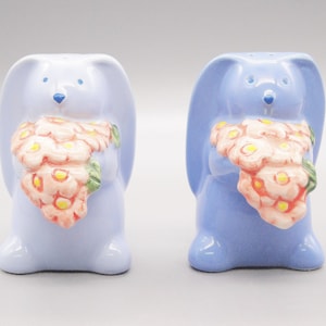 Blue &quot;Bunny Mates&quot; & Flowers Salt Pepper Shakers, Anthropomorphic Rabbit Salt Pepper Set, Vintage Avon Porcelain Bunny Shaker Set