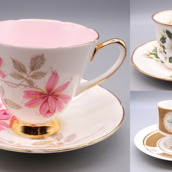 Floral Bone China Teacup and Saucer Sets, Vintage English & Japanese Floral Teacup Saucer Sets, Pink White Floral Teacup and Saucer Sets