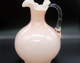 Rose Overlay Fenton Jug with Clear Handle, Vintage Rose Overlay Fenton Flower Vase, Rose Cased Milk Glass Pitcher