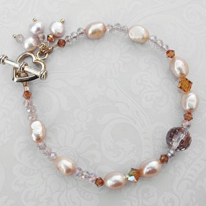 Peach Pearl and Tangerine Swarovski Crystal Bracelet, Swarovski Crystal and Pearl Heart Bracelet, Peach Pearl and Crystal Bridal Bracelet