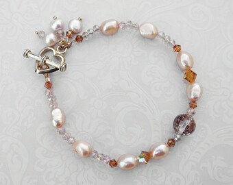 Pulsera de cristal Swarovski color mandarina y perla color melocotón, pulsera de corazón de cristal Swarovski y perla, pulsera nupcial de cristal y perla color melocotón