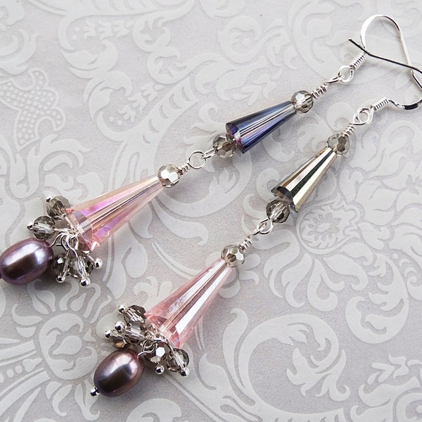 Pink Gray Crystal Bridal Earrings, Bridal Earrings, Wedding Jewelry, Gray Pearl Earrings, Crystal Earrings, Pink Jewelry, Gray Jewelry, Gift