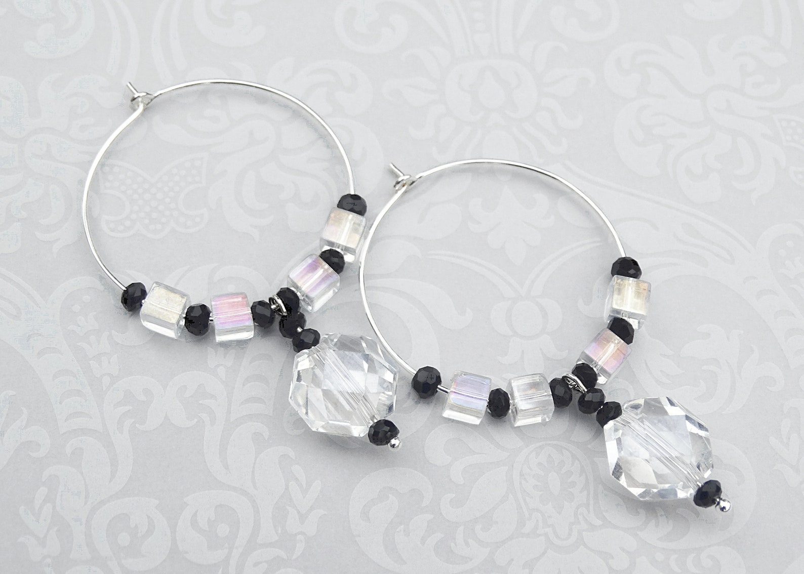 Black Onyx Crystal Hoop Charm Earrings Onyx Jewelry Crystal Earrings