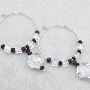 Black Onyx & Clear Crystal Hoop Charm Earrings, Onyx and Crystal Gemstone Earrings, Crystal and Black Gemstone Wedding Earrings