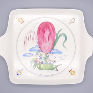 Villeroy & Boch vierkante Le Ballon porseleinen taartschotel met handvat, "Tuin in de lucht" taartschep in de vorm van een heteluchtballon van kunstenaar Jean Mercier