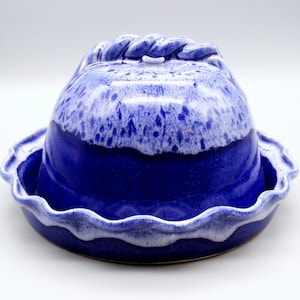Derrick Garrau Round Domed Cobalt Blue Ceramic Butter Keeper, Vintage Blue Lidded Cheese Dish, North Carolina Handmade Functional Pottery