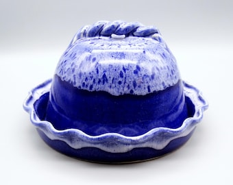 Derrick Garrau Round Domed Cobalt Blue Ceramic Butter Keeper, Vintage Blue Lidded Cheese Dish, North Carolina Handmade Functional Pottery