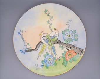 Japanese Love Birds Hand Painted Decorative Plate, Vintage Ange Finnerty Love Bird Decorative Plate, Love Bird Porcelain Plate Wall Decor