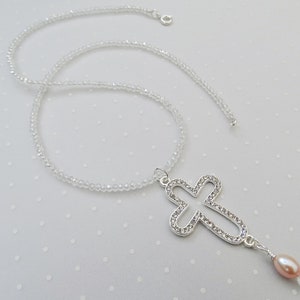 Crystal Cross Pink Pearl Pendant Necklace Bridal Necklace Cross Necklace Wedding Necklace Crystal Necklace Choker Necklace Christian Jewelry