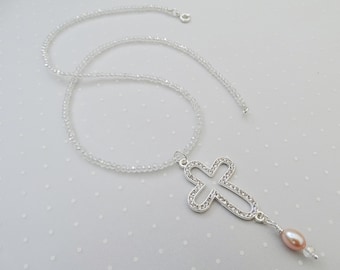 Crystal Cross Pink Pearl Pendant Necklace Bridal Necklace Cross Necklace Wedding Necklace Crystal Necklace Choker Necklace Christian Jewelry