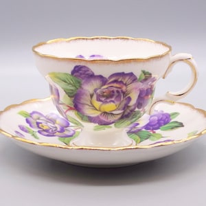 Rosina English Bone China Teacup & Saucer Set, Purple Rose English Teacup and Saucer, Vintage English Floral Teacup and Saucer Set