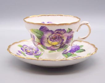Rosina English Bone China Teacup & Saucer Set, Purple Rose English Teacup and Saucer, Vintage English Floral Teacup and Saucer Set