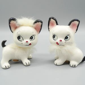 Anthropomorphic White Kitty Salt & Pepper Set, Kitschy White Kitties with Fur Salt Pepper Shakers, Vintage Porcelain Cat Salt and Pepper Set