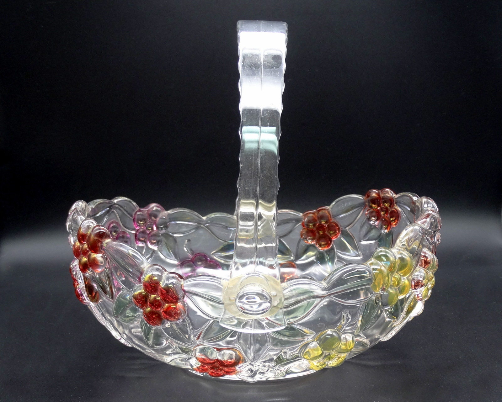 Colorful Floral German Walther Glass Basket, Vintage Carmen Rose