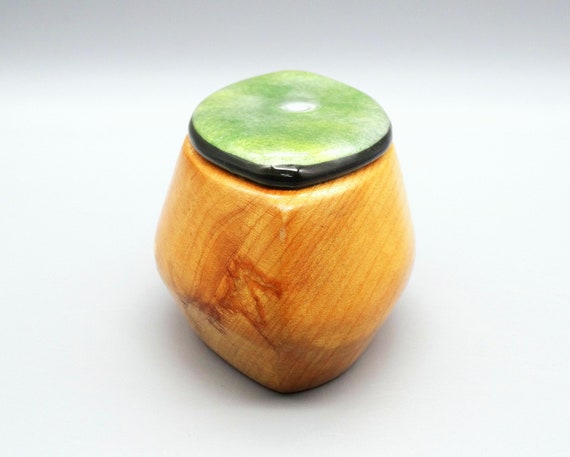 Hand Carved Wooden Box with Green Enamel Lid, Vin… - image 3