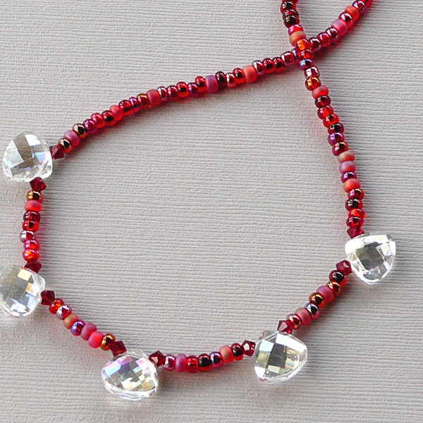 Teardrop Crystal and Red Beaded Necklace, Red Holiday Jewelry, Clear Crystal and Red Beaded Necklace