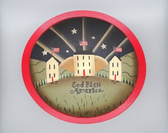 Primitive "God Bless America" Painted Wooden Bowl, Red White Blue Scenic Folk Art Bowl, Maureen Rizzolo Primitive American Scene Bowl