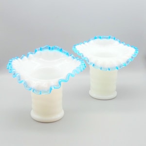 Aqua Crest Milk Glass Crimped Triangular Vase Set, Vintage Fenton Aqua Crest Milk Glass Vase Set, Collectible Fenton Aqua Crest Tulip Vases