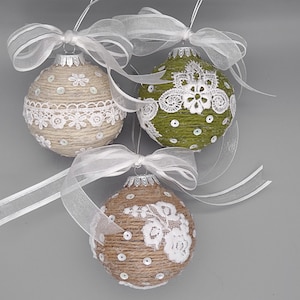 Twine and Lace Ball Ornament Set, Ball Ornaments, Shabby Chic Christmas, Farmhouse Ornaments, Hanging Accents
