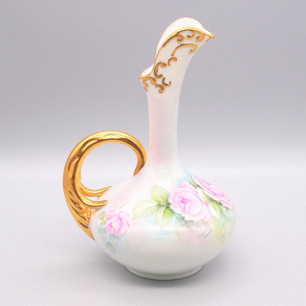 Pink Rose & Gold Gilt Porcelain Ewer,  Vintage Hand Painted Pink Rose Vase, Artist Signed Pink Floral Art Nouveau Pitcher