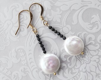 White Pearl and Black Onyx Bridal Earrings, White and Black Wedding Earrings, Pearl and Onyx Gemstone Gold Earrings
