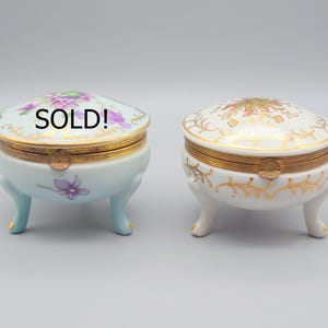 Vintage Round Floral Japanese Lidded Trinket Boxes, ISCO Gold Floral Porcelain Trinket Box
