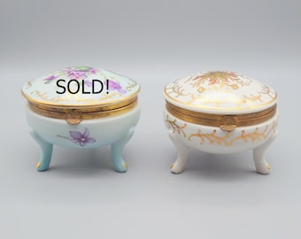 Vintage Round Floral Japanese Lidded Trinket Boxes, ISCO Gold Floral Porcelain Trinket Box