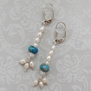Blue Ocean Jasper Pearl Wedding Earrings Pearl Earrings Blue Jewelry ...