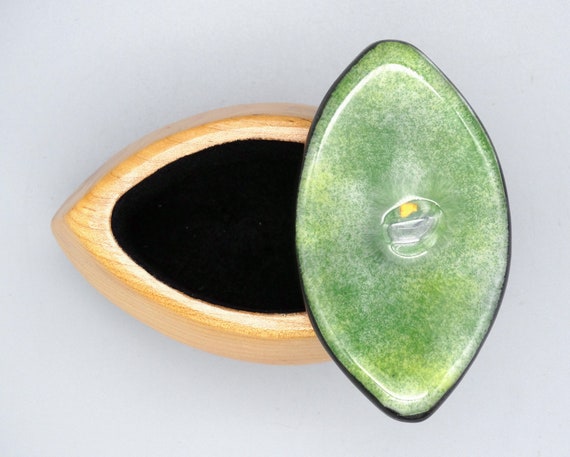 Hand Carved Wooden Box with Green Enamel Lid, Vin… - image 8