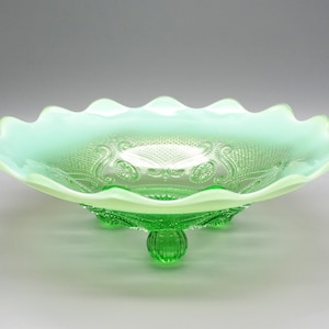 Northwood "Lattice Medallions" Green Opalescent 3 Toed Bowl, Antique Green Opalescent Candy Dish, Northwood Green Opalescent Bowl