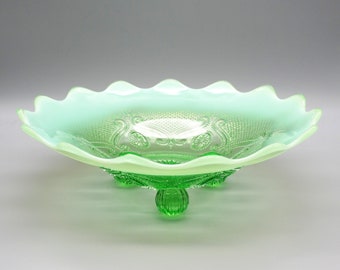 Northwood "Lattice Medallions" Green Opalescent 3 Toed Bowl, Antique Green Opalescent Candy Dish, Northwood Green Opalescent Bowl