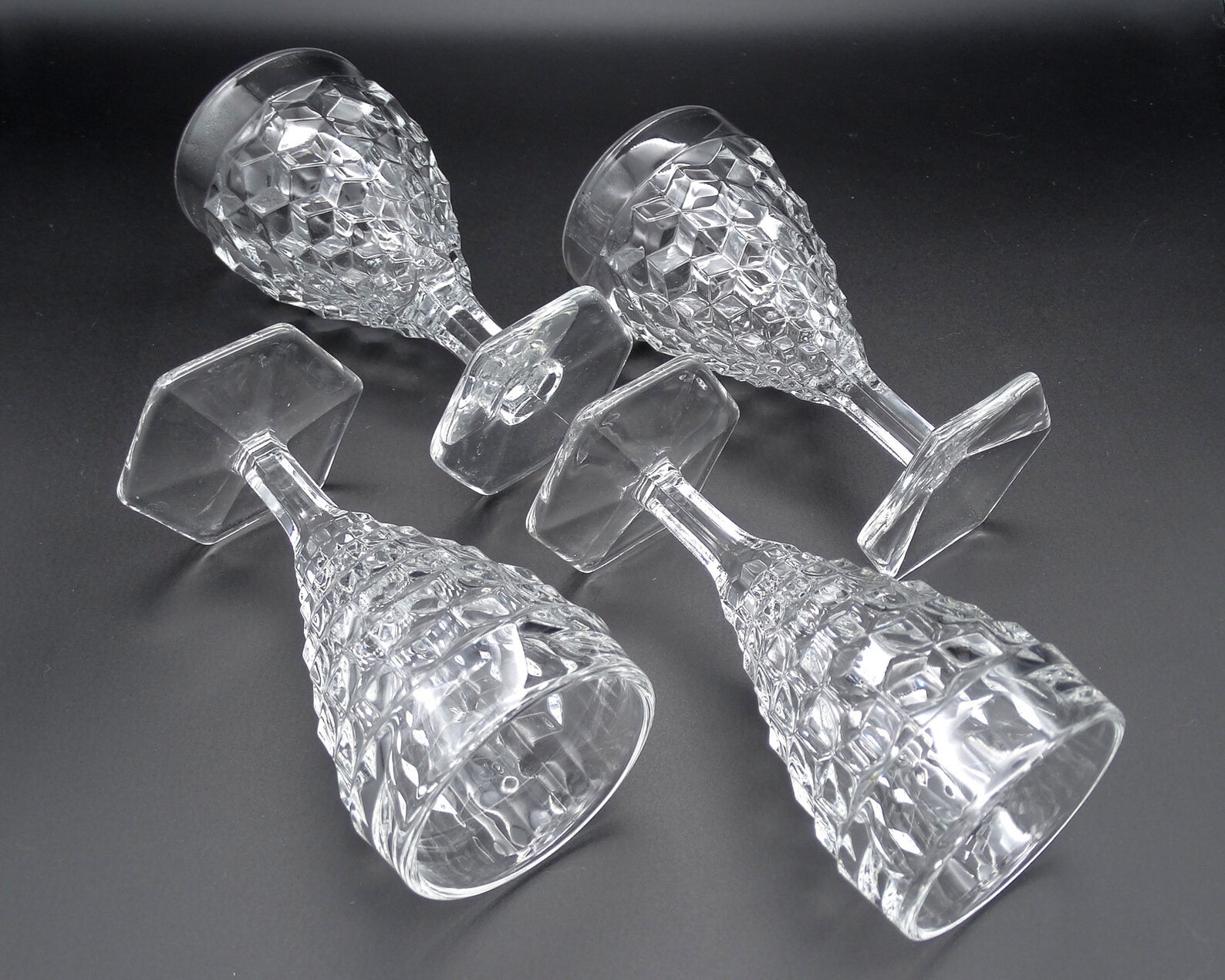 Fostoria American Clear Wine Glasses, Vintage Cube Motif Fostoria Wine