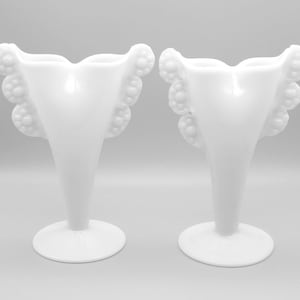 Portieux Vallerysthal White Opaline Fan Vase Set, Antique French Milk Glass Fan Vase Set, Antique French White Glass Floral Fan Vase Set
