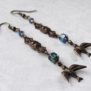 Bronze Bluebird Crystal Charm Earrings, Bird Lover Charm Earrings, Bluebird Jewelry