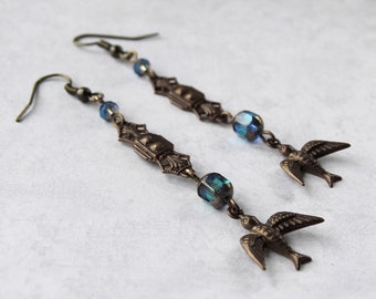 Boucles d’oreilles en bronze Bluebird Crystal Charm, boucles d’oreilles Bird Lover Charm, bijoux Bluebird
