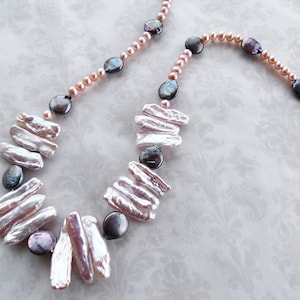 Pink Biwa and Peacock Pearl Wedding Necklace, Pink Pearl Beach Wedding Necklace, Pearl Statement Necklace