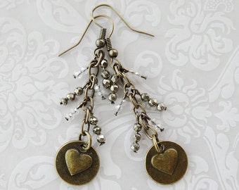 Bronze Heart Pyrite and Crystal Earrings, Bronze Heart Earrings, Pyrite and Crystal Charm Earrings