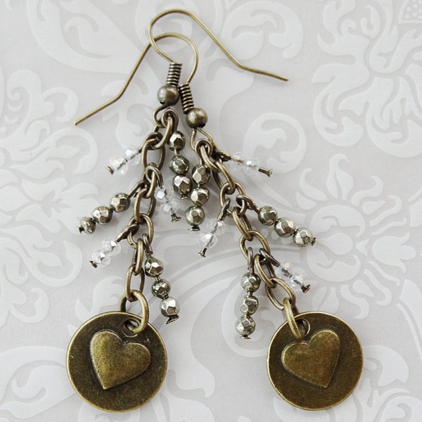 Bronze Heart Pyrite and Crystal Earrings, Bronze Heart Earrings, Pyrite and Crystal Charm Earrings