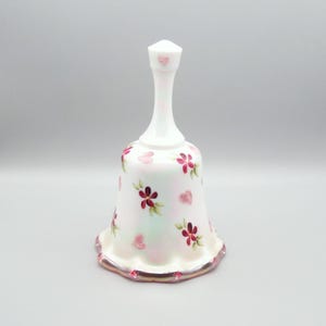 Fenton White Opalescent Hearts & Flowers Empress Rose Crest Bell, Limited Edition Fenton Pink Floral and Fritter Pink Crested Heart Bell